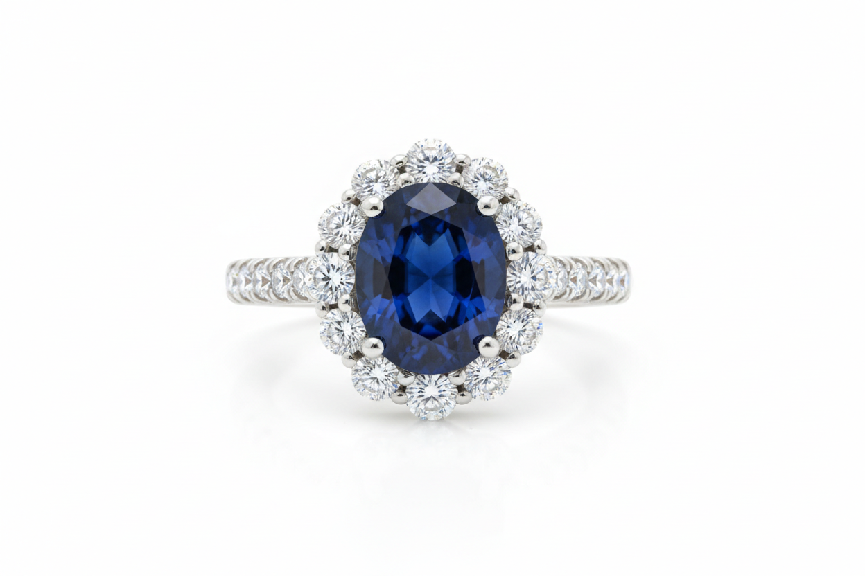 Sapphire ring with diamond halo in white gold setting