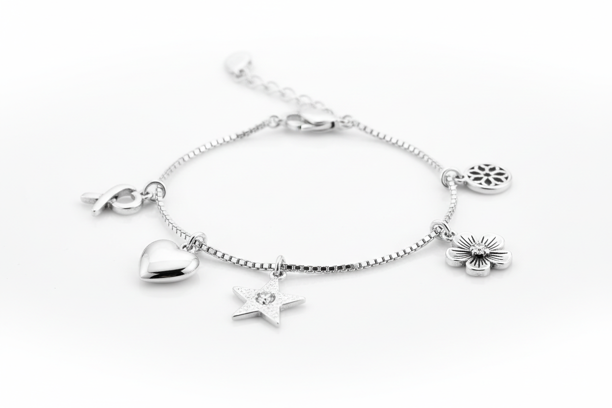 Sterling silver charm bracelet with heart, star, and flower charms
